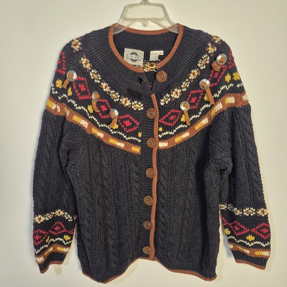 Chaussport Sweaters - Vintage Chaussport Women Large Chunky Knit Cardigan Sweater Fair Isle Cable